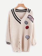 Romwe V Neckline Striped Trim Patch Detail Ripped Sweater