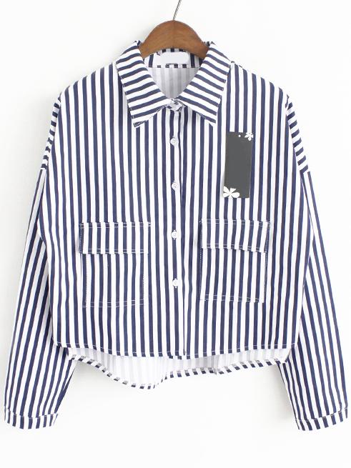 Romwe Lapel Dip Hem With Pockets Vertical Striped Navy Blouse