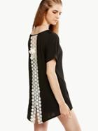 Romwe Black Contrast Flower Crochet Panel Back Top