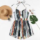 Romwe Colorful Striped Knot Back Halter Romper