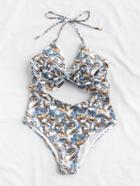 Romwe Calico Print Cutout Front Halter Swimsuit