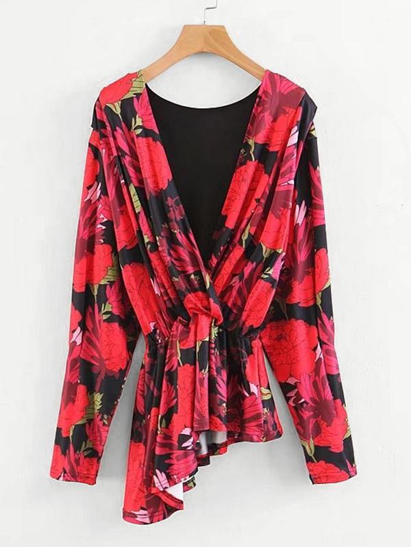Romwe Floral Print Asymmetrical Peplum Blouse
