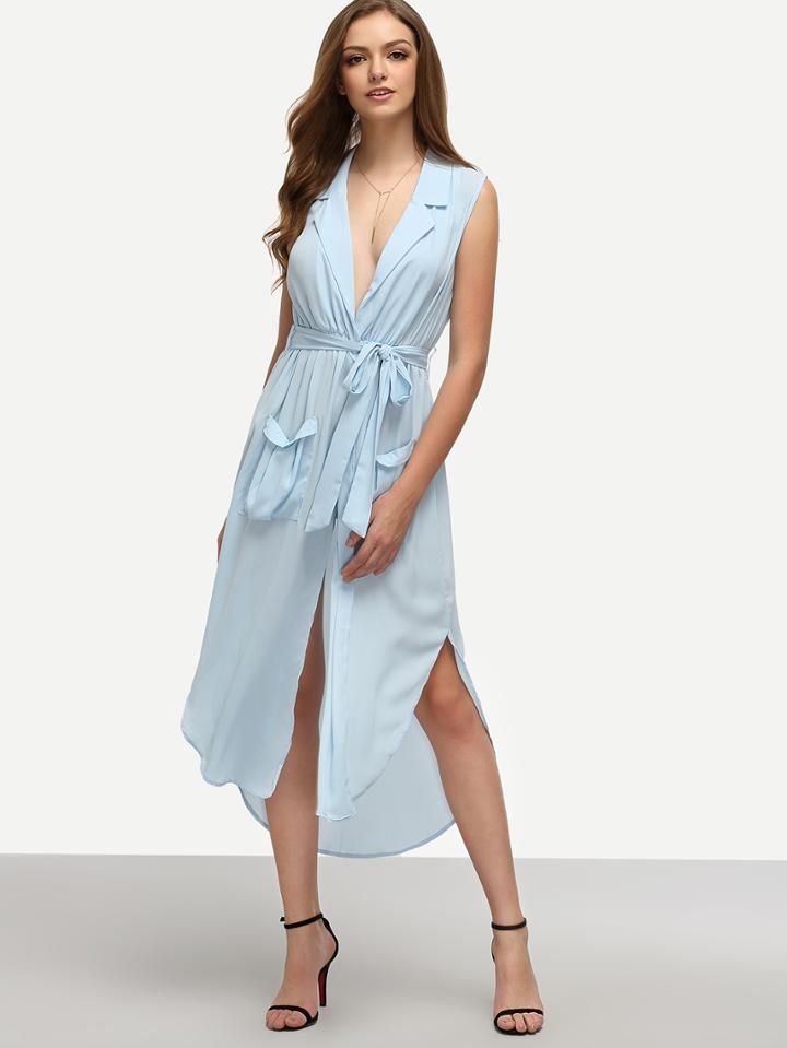 Romwe Pale Blue Lapel Self-tie High Low Chiffon Dress With Pockets