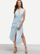 Romwe Pale Blue Lapel Self-tie High Low Chiffon Dress With Pockets