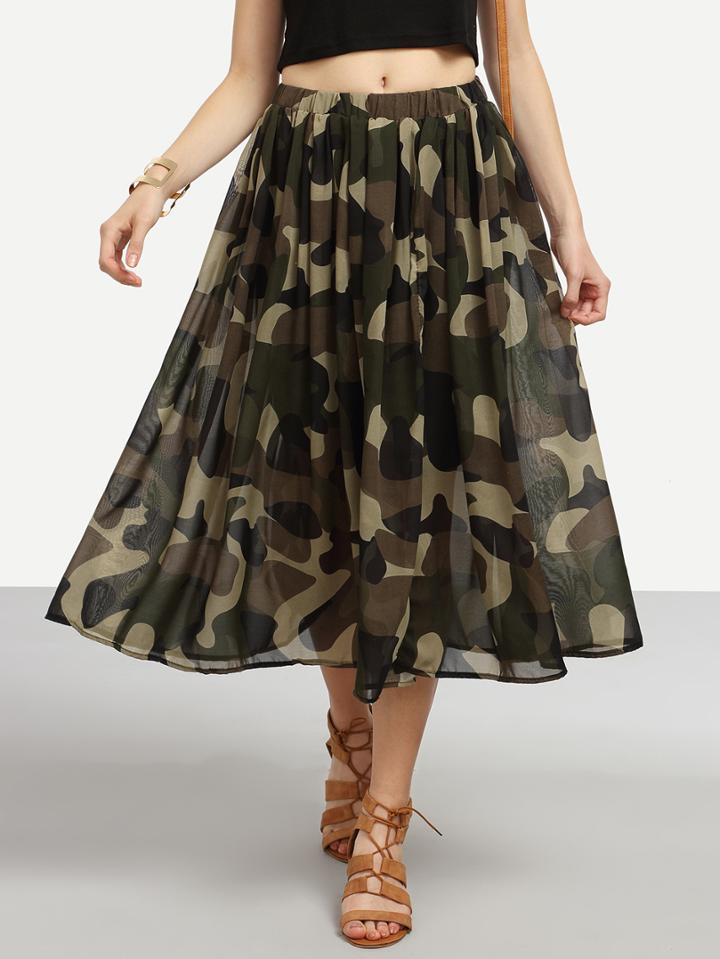 Romwe Olive Green Camo Print Chiffon Skirt