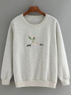 Romwe Round Neck Deer Embroidered Grey Sweatshirt