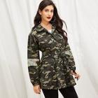 Romwe Camo Contrast Sequin Belted Drop Shoulder Outerwear