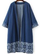 Romwe Blue Embroidery Trim Open Front Denim Coat