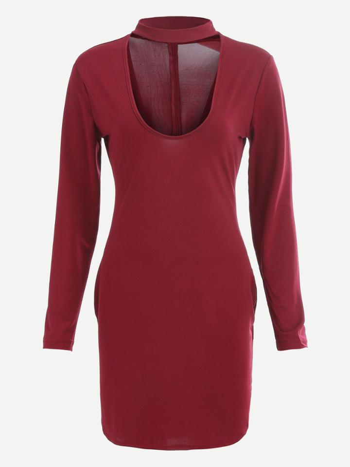 Romwe Burgundy Cutout Choker Neck Split Side Sheath Dress