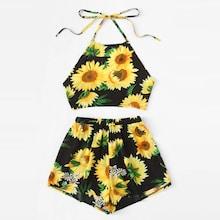 Romwe Plus Sunflower Print Halter Top With Shorts