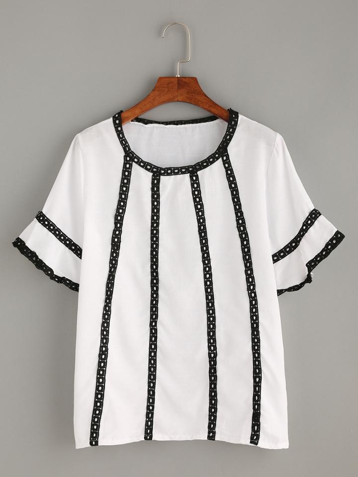 Romwe White Crochet Insert Ruffled Sleeve Top