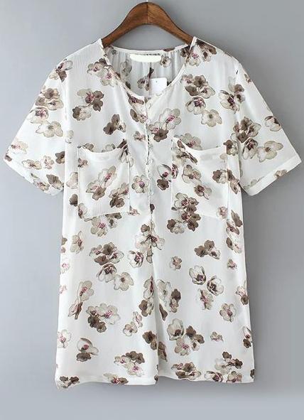 Romwe With Pockets Flower Print Chiffon Top