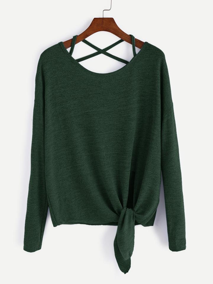 Romwe Dark Green Drop Shoulder Criss Cross Tie Front T-shirt