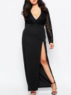 Romwe Deep V Neck Long Sleeve Lace Insert Slit Dress