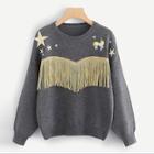 Romwe Fringe Applique Mixed Print Sweater