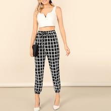 Romwe Drawstring Waist Plaid Tapered Pants