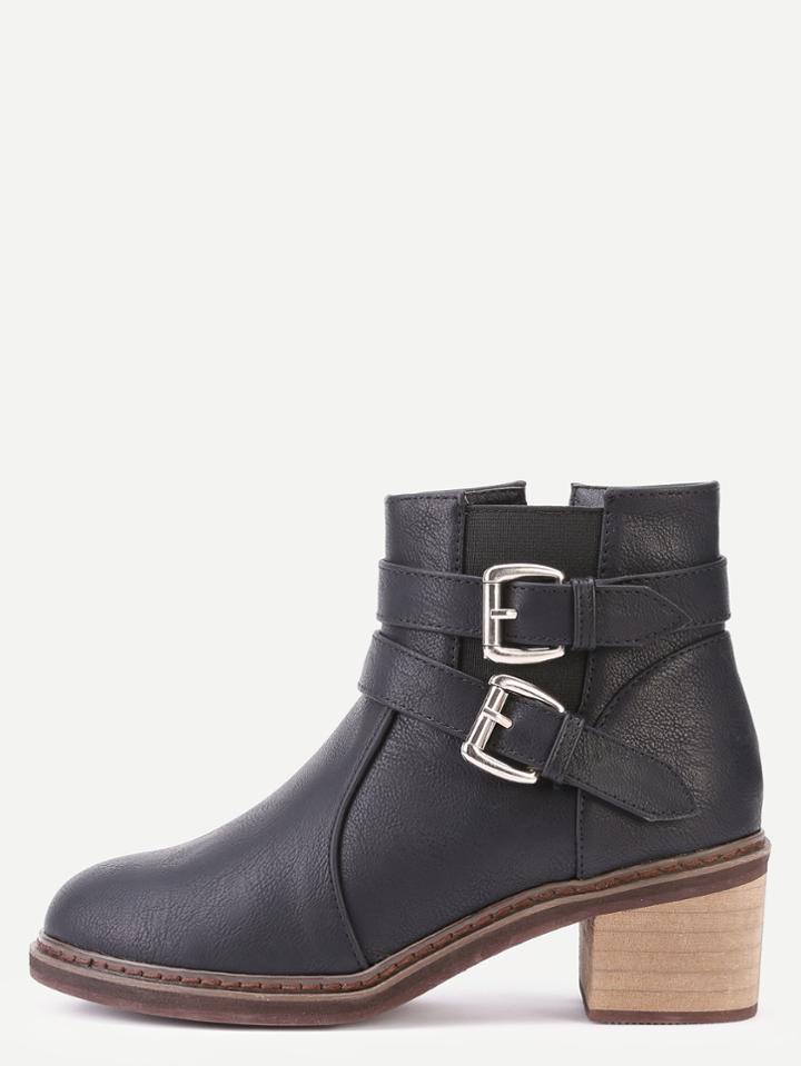 Romwe Black Faux Leather Double Buckled Cork Heel Booties