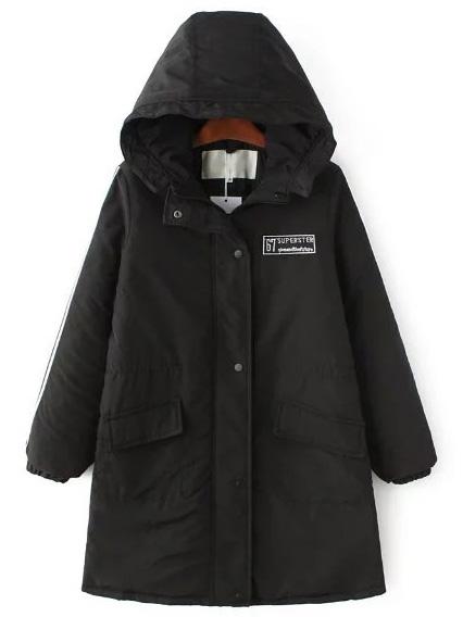 Romwe Black Letter Embroidery Hooded Long Padded Coat