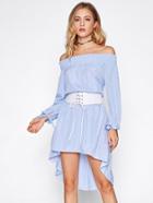 Romwe Bardot Vertical Striped Dip Hem Dress With Corset Belt