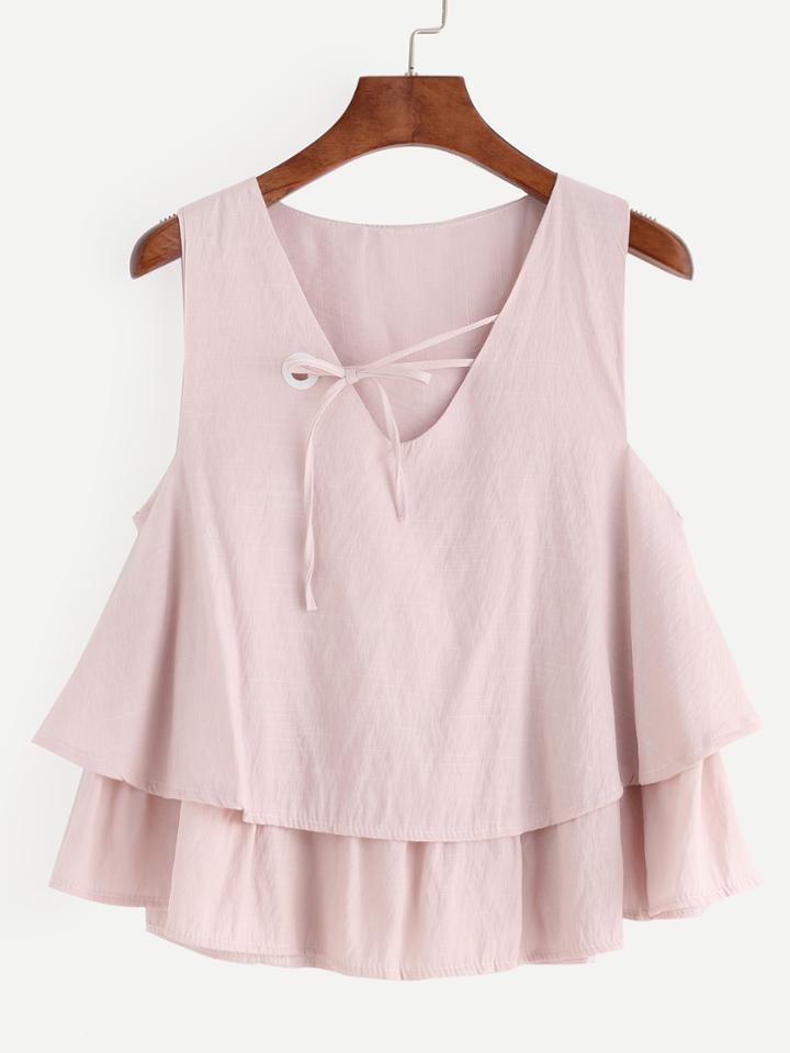 Romwe Pink V Neck Eyelet Lace Up Layered Sleeveless Top