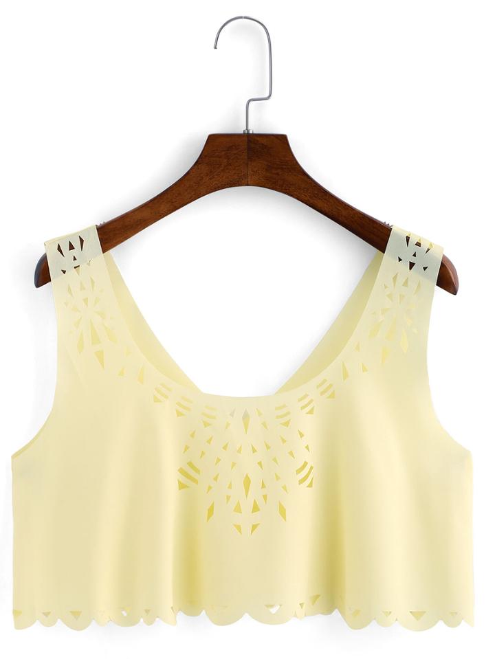 Romwe Laser-cut Crop Tank Top - Light Yellow