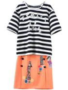 Romwe Striped Sequined Top With Embroidered Buttons Skirt
