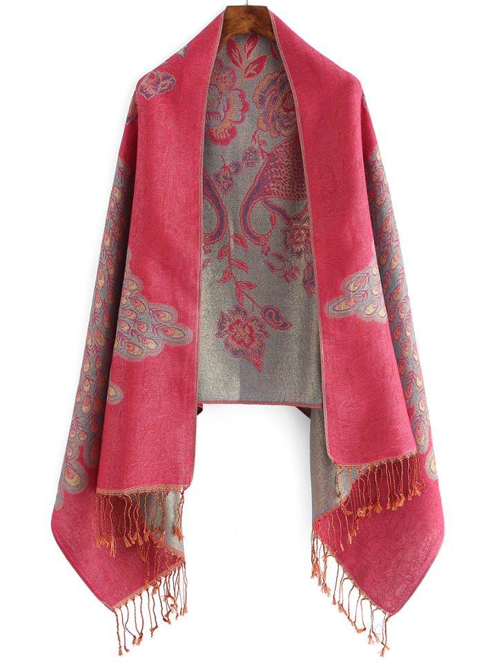 Romwe Peacock Print Fringe Scarf