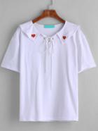Romwe White Sailor Collar Lace Up Heart Embroidered T-shirt