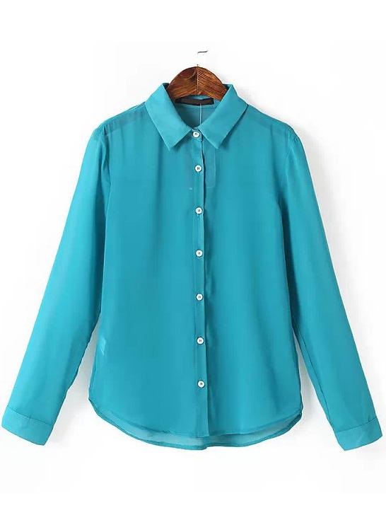 Romwe Blue Lapel Long Sleeve Buttons Solid Blouse