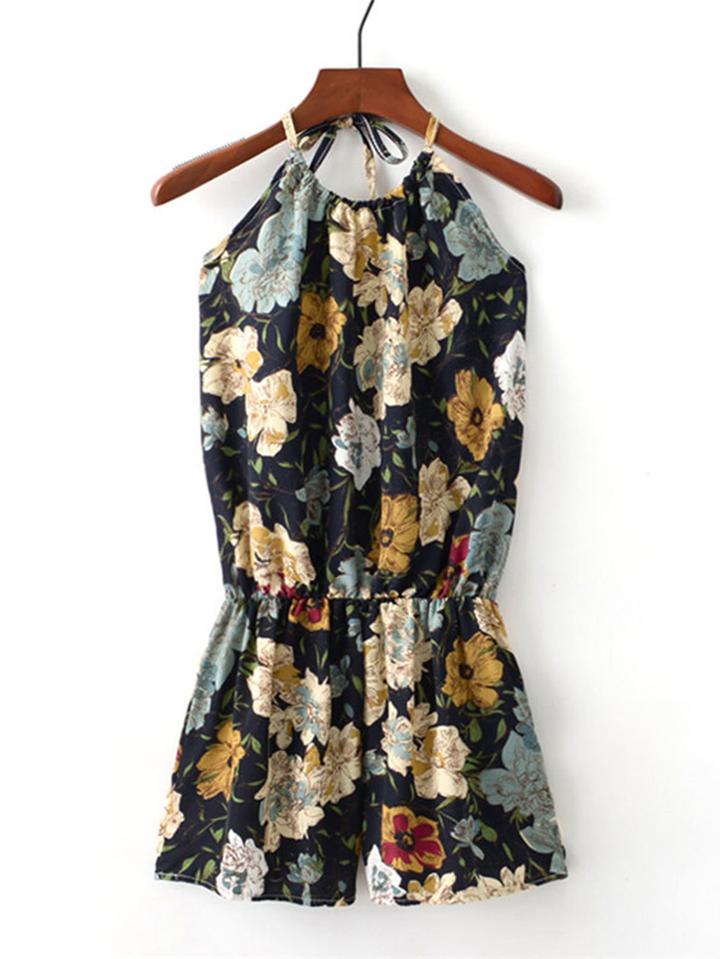 Romwe Floral Print Halter Romper