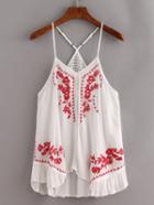 Romwe Lace Insert Embroidered Cami Top - White