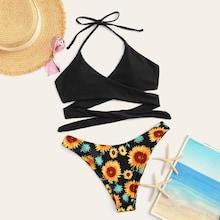 Romwe Wrap Halter Top With Random Sunflower Print Bikini