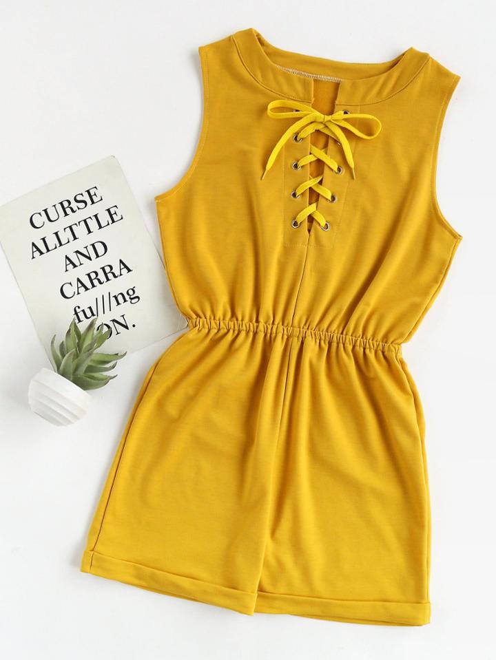 Romwe Eyelet Lace Up Cuffed Romper