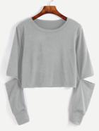 Romwe Grey Cut Out Sleeve Crop Sweatshirt