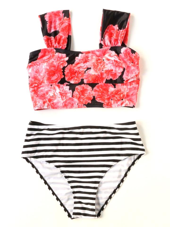 Romwe Striped Floral Print Bikini Set