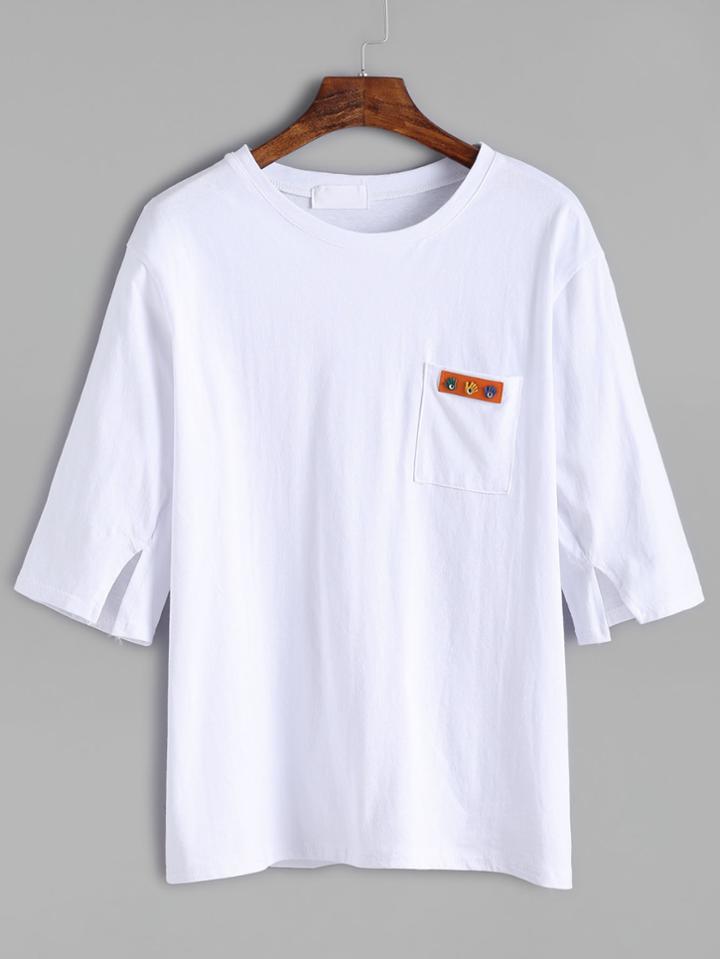Romwe White Slit Sleeve Pocket Embellished T-shirt