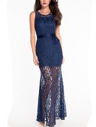 Romwe Blue Tie Waist Fishtail Lace Dress