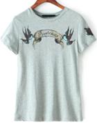 Romwe Grey Short Sleeve Swallow Print T-shirt
