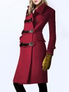 Romwe Stand Collar Pockets Buttons Long Red Coat