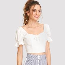Romwe Tie Front Sweetheart Neck Shirred Crop Top