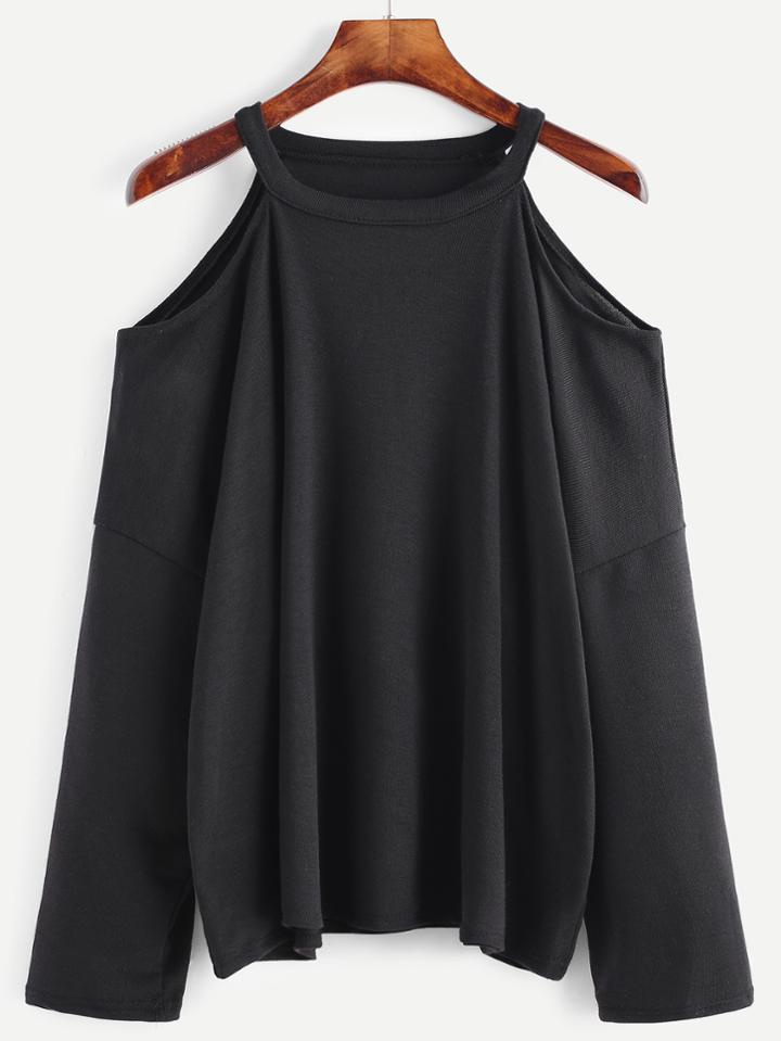 Romwe Black Cold Shoulder Loose Knit T-shirt