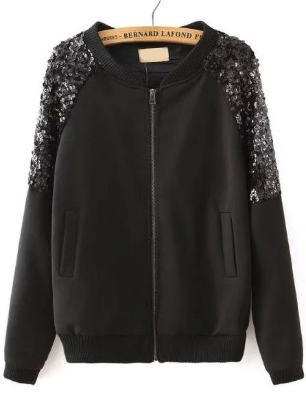 Romwe Sequined Pockets Zipper Jacket