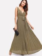 Romwe Self Belted Glitter Pleated Surplice Dress