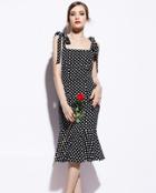 Romwe Black Spaghetti Strap Polka Dot Ruffle Dress