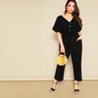 Romwe Plus Button Front Wide Leg Belted Jumpsuit