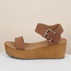 Romwe Thick Buckled Ankle Strap Single Band Wedge Sandals Tan