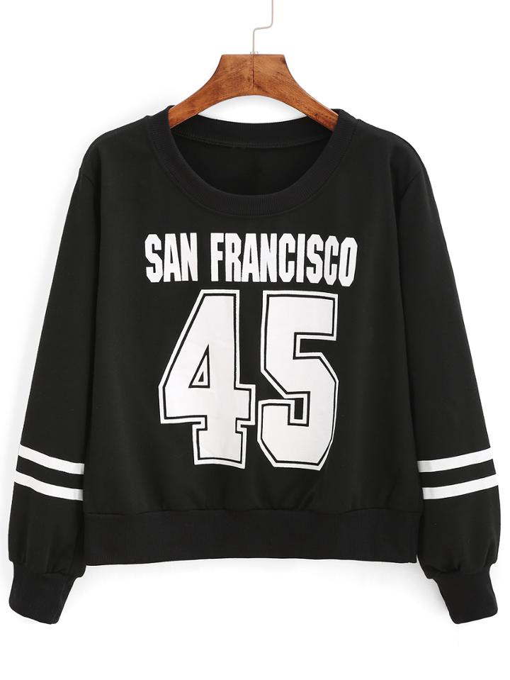 Romwe Varsity-striped Print Sweatshirt