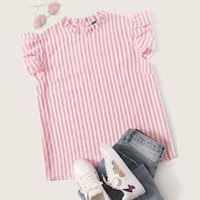 Romwe Plus Frill Neck Keyhole Back Striped Top