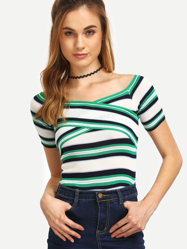 Romwe Multicolor Striped Cross Wrap Knitted T-shirt