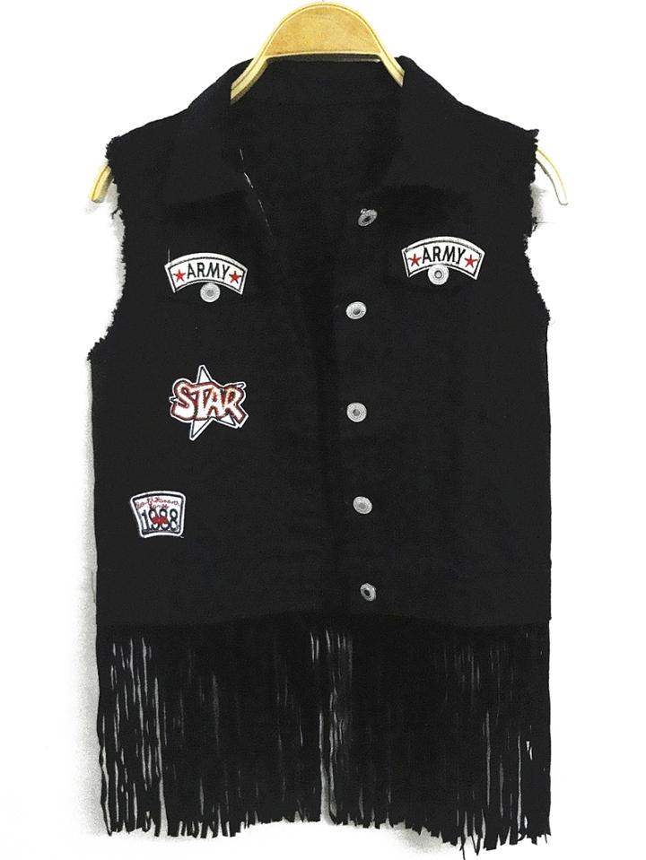 Romwe Lapel Patch Tassel Fringe Black Vest